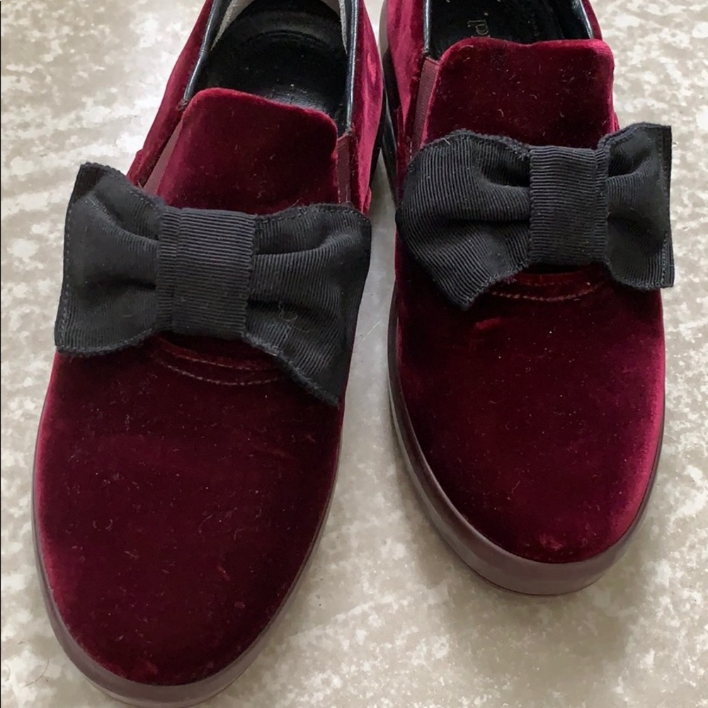 Prada Linea Rossa Red Velvet Bow Slip On Sneakers